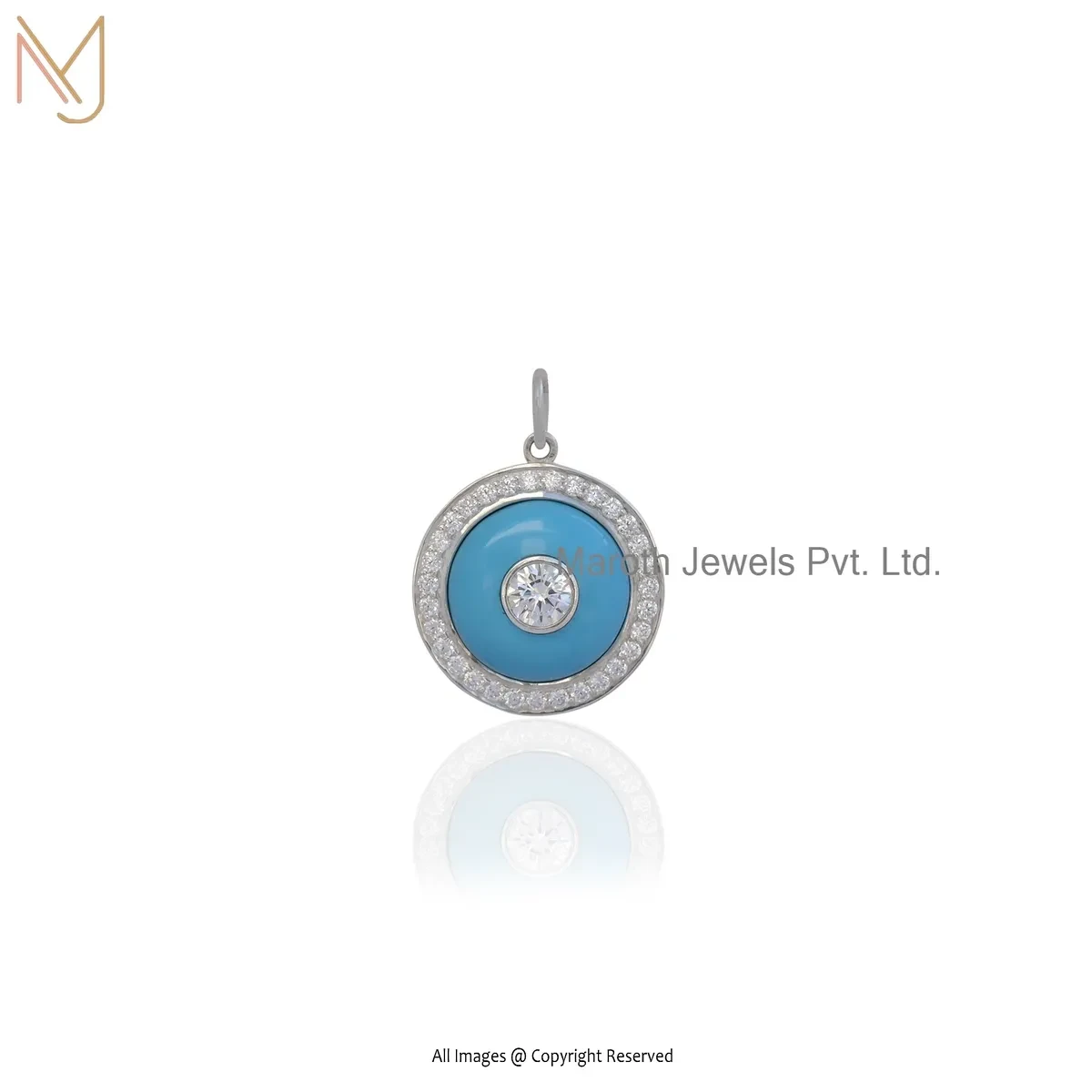 Wholesale 14K White Gold Cubic Zircon & Turquoise Gemstone Disc Pendant