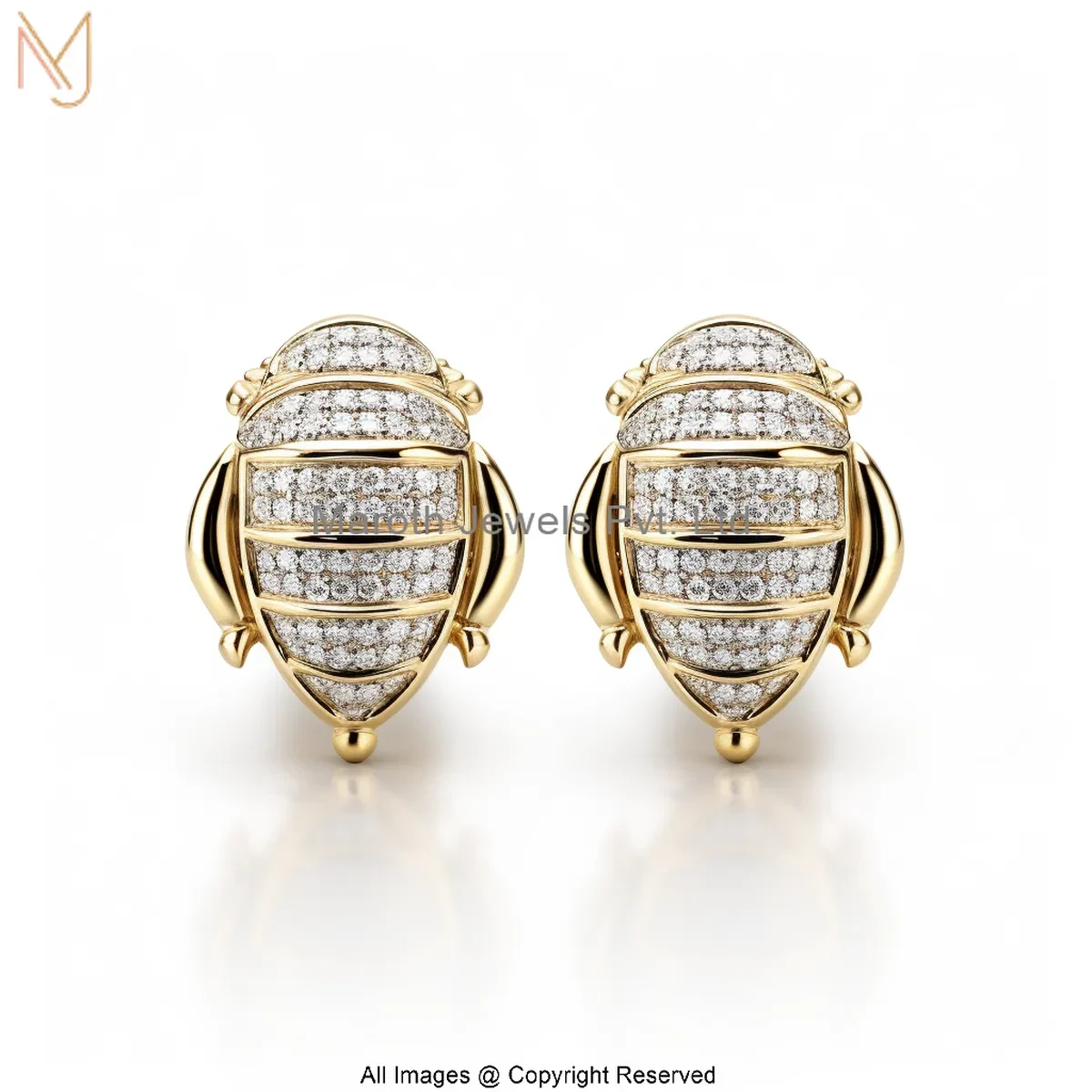 925 Silver Yellow Gold Plated Diamond Scarab Beetle Stud Earring Custom Jewelry