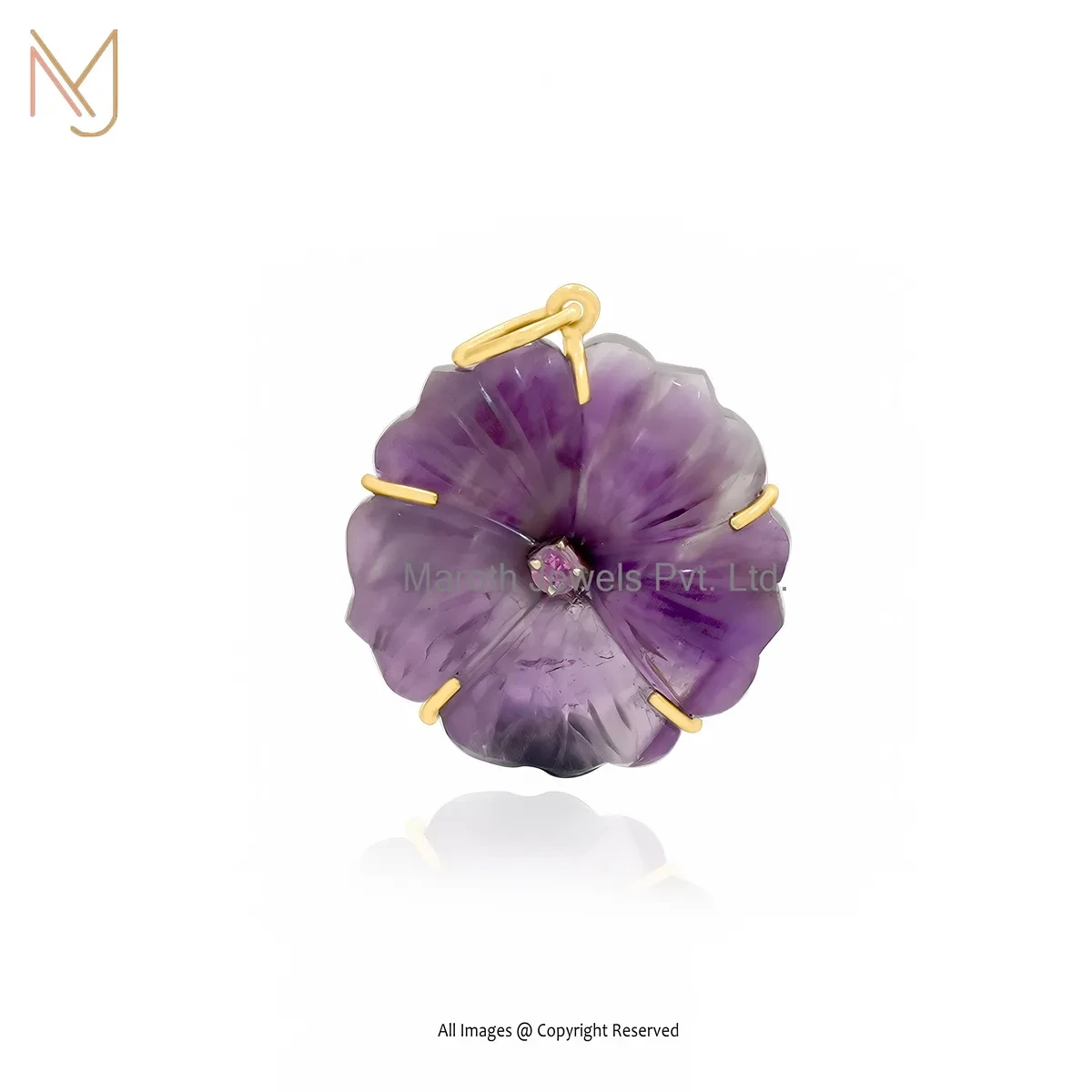 Private Lable 14K Yellow Gold Pink Sapphire & Amethyst Flower Pendant
