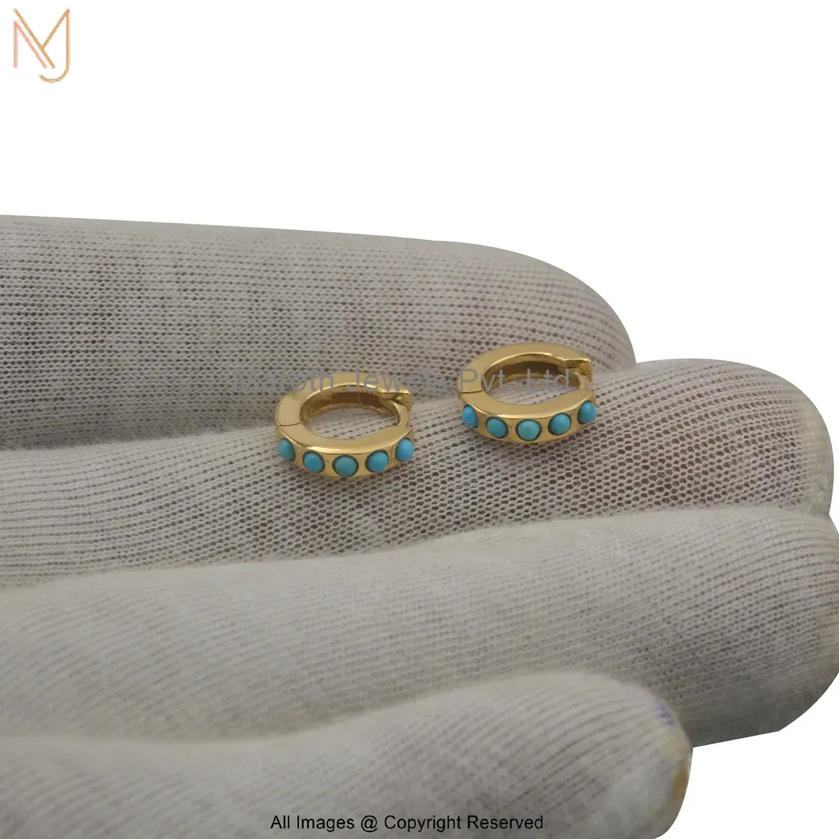 14K Yellow Gold Turquoise Huggies Earring Custom Jewelry