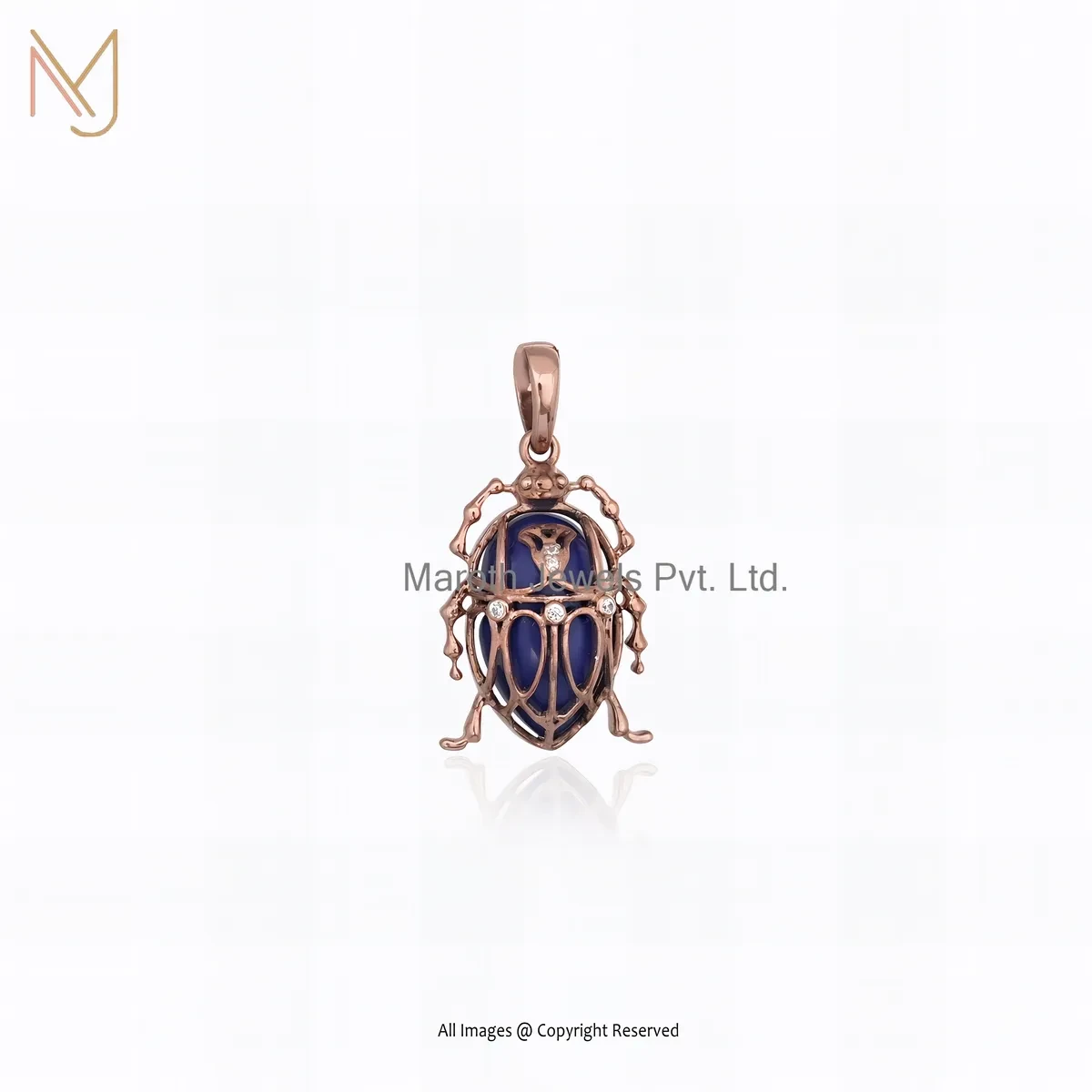 Private Lable 14K Yellow Gold Cubic Zircon & Lapiz Lazuli Gemstone Scarab Charm Pendant
