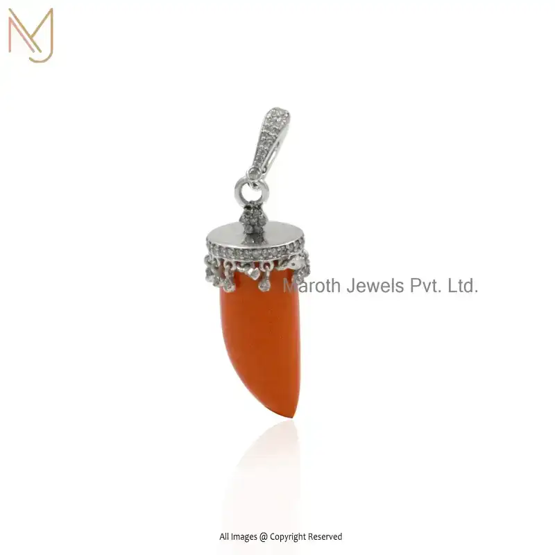 14K Yellow Gold Orange Coral & Moissanite Gemstone Horn Pendant USA