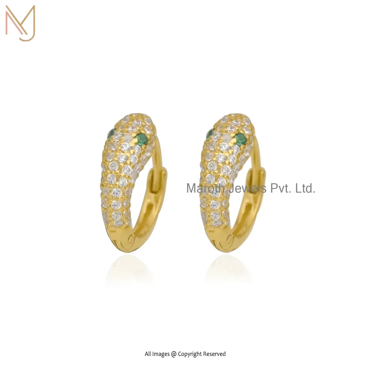 925 Sterling Silver Yellow Gold Plated Diamond & Emerald Snake Huggies Earring USA