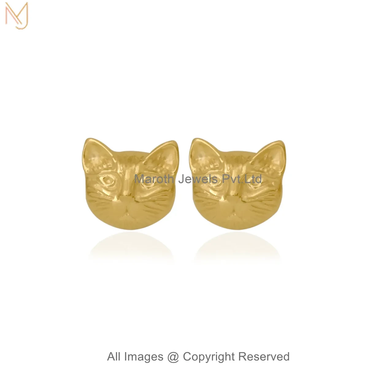 14K Yellow Gold Cute Cat Face Gold Stud Earrings Manufacturer