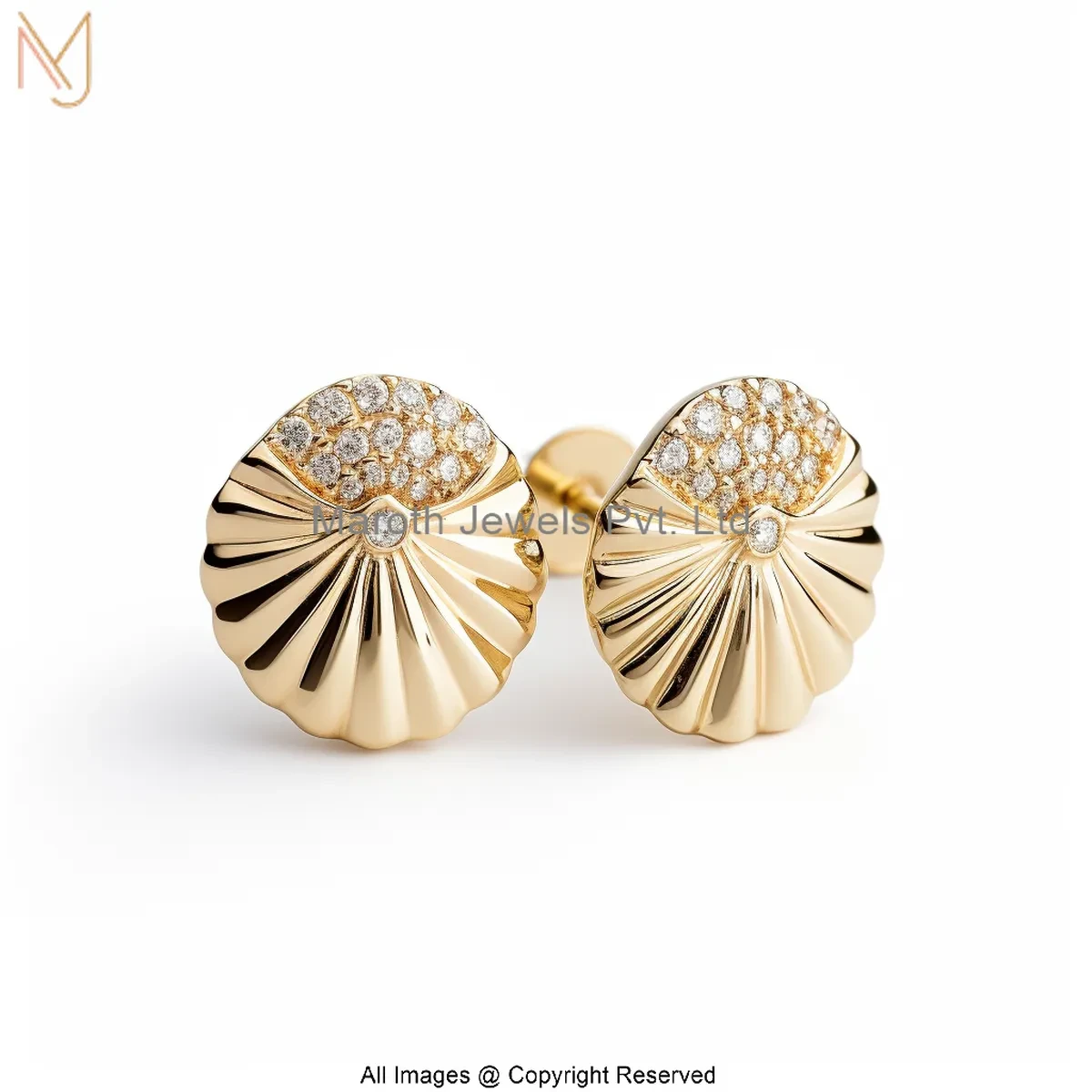 925 Silver Yellow Gold Plated Pave Diamond Sea Shell Stud Earring Custom Jewelry