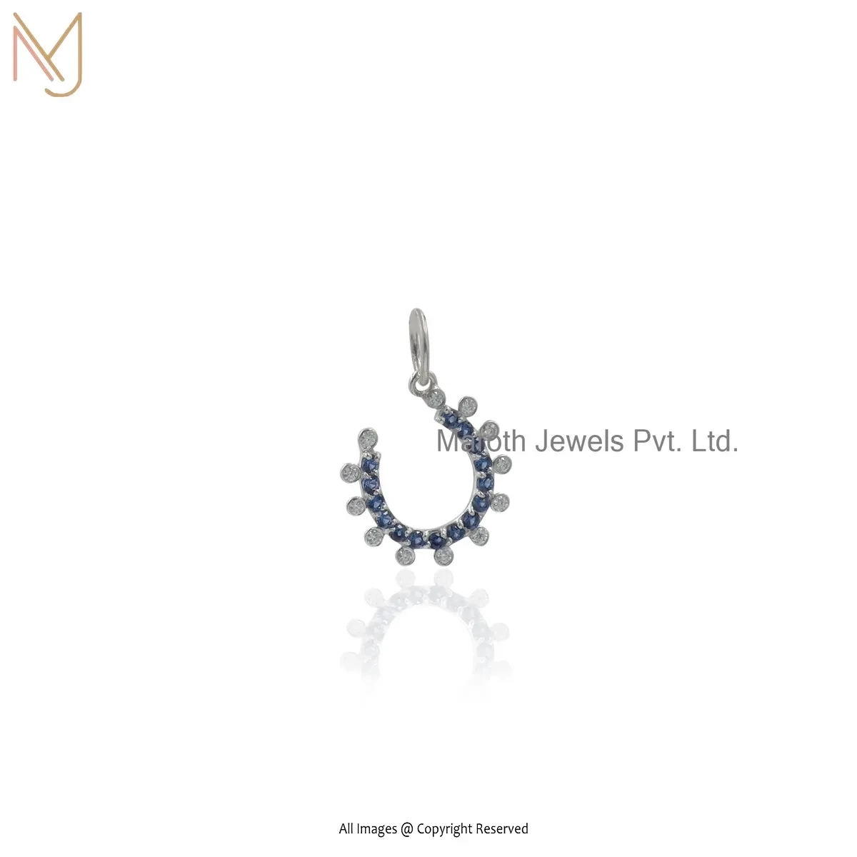 Private Lable 925 Silver Yellow Gold Plated Moissanite & Blue Sapphire Gemstone Horseshoe Charm Pendant