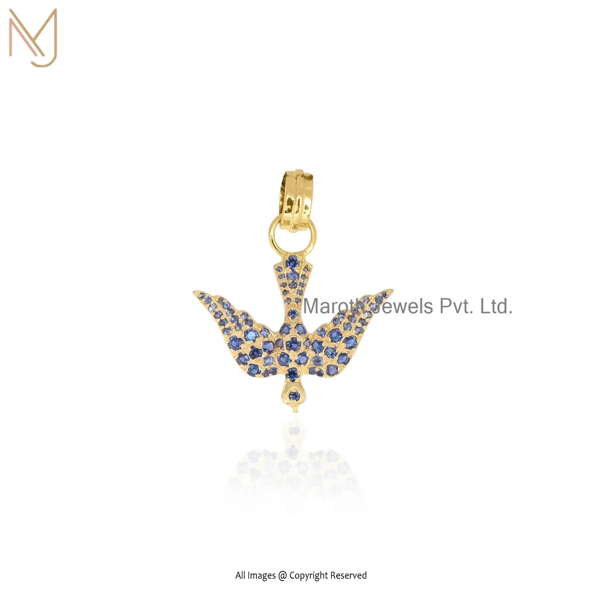 925 Silver Yellow Gold Plated Diamond Blue Sapphire Bird Pendant Manufacturer