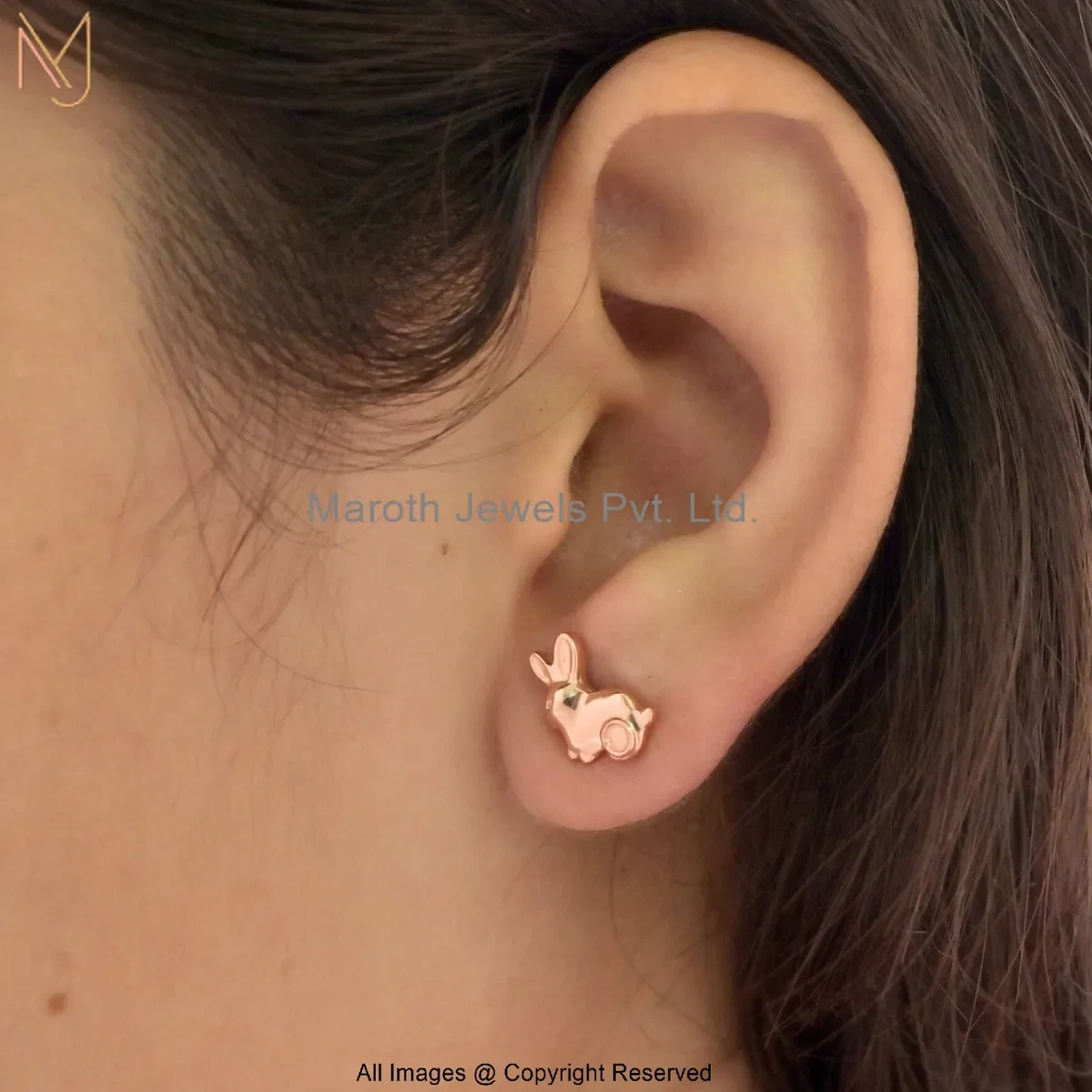 14K Rose Gold Bunny Stud Earring Custom Jewelry