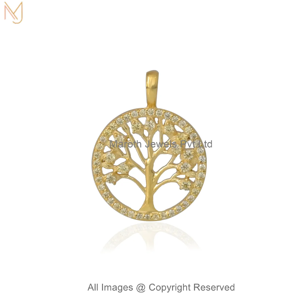 Wholesale 14K Yellow Gold Sylvara Tree Disc Pendant with CZ Minimalist Nature Inspired Circle Charm Handmade Jewelry