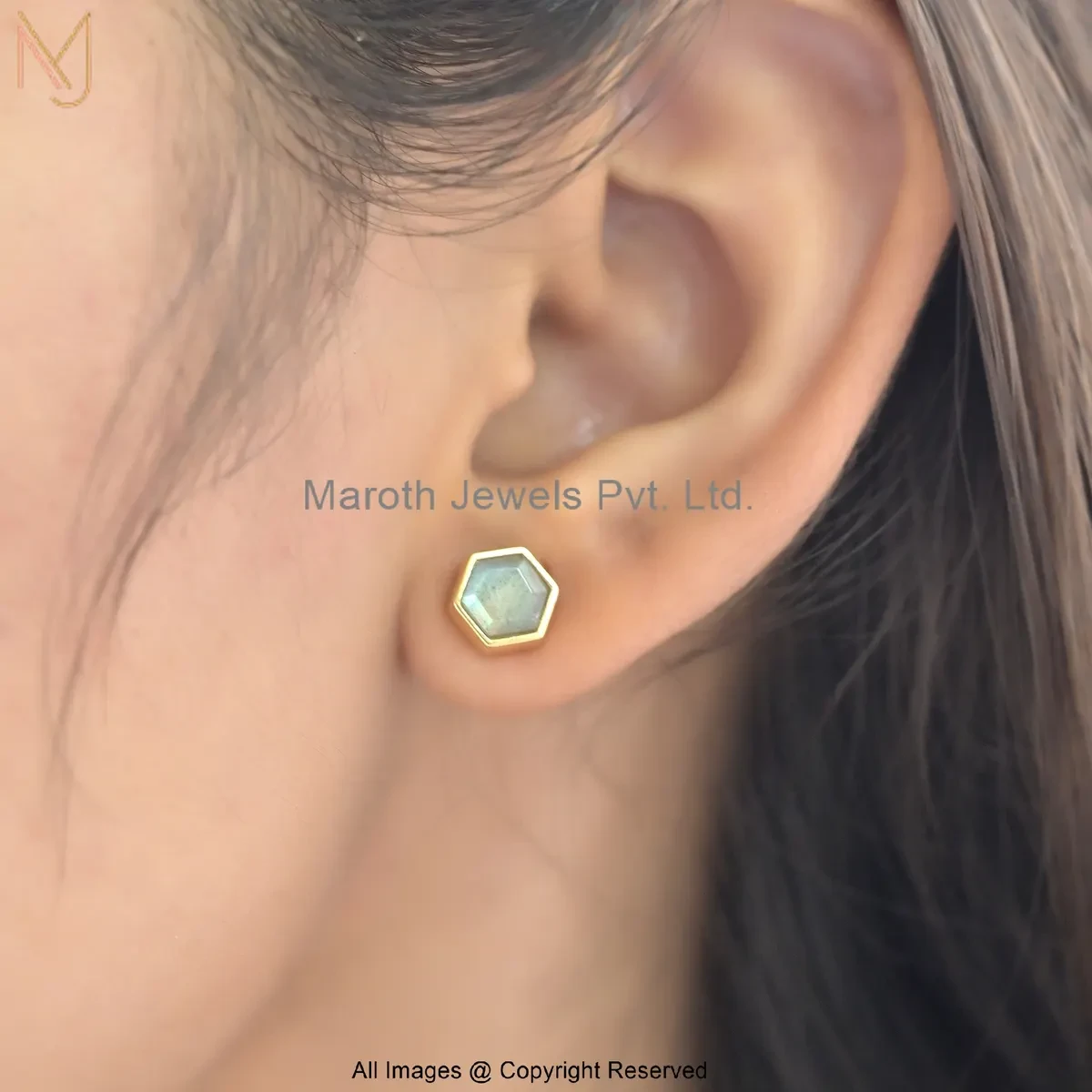14K Yellow Gold Gemstone Mint Green Hex Stud Earrings Manufacturer