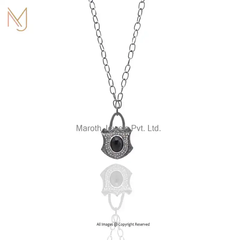 Wholesale 925 Silver Rhodium Diamond Black Spinel Gemstone Padlock Pendant