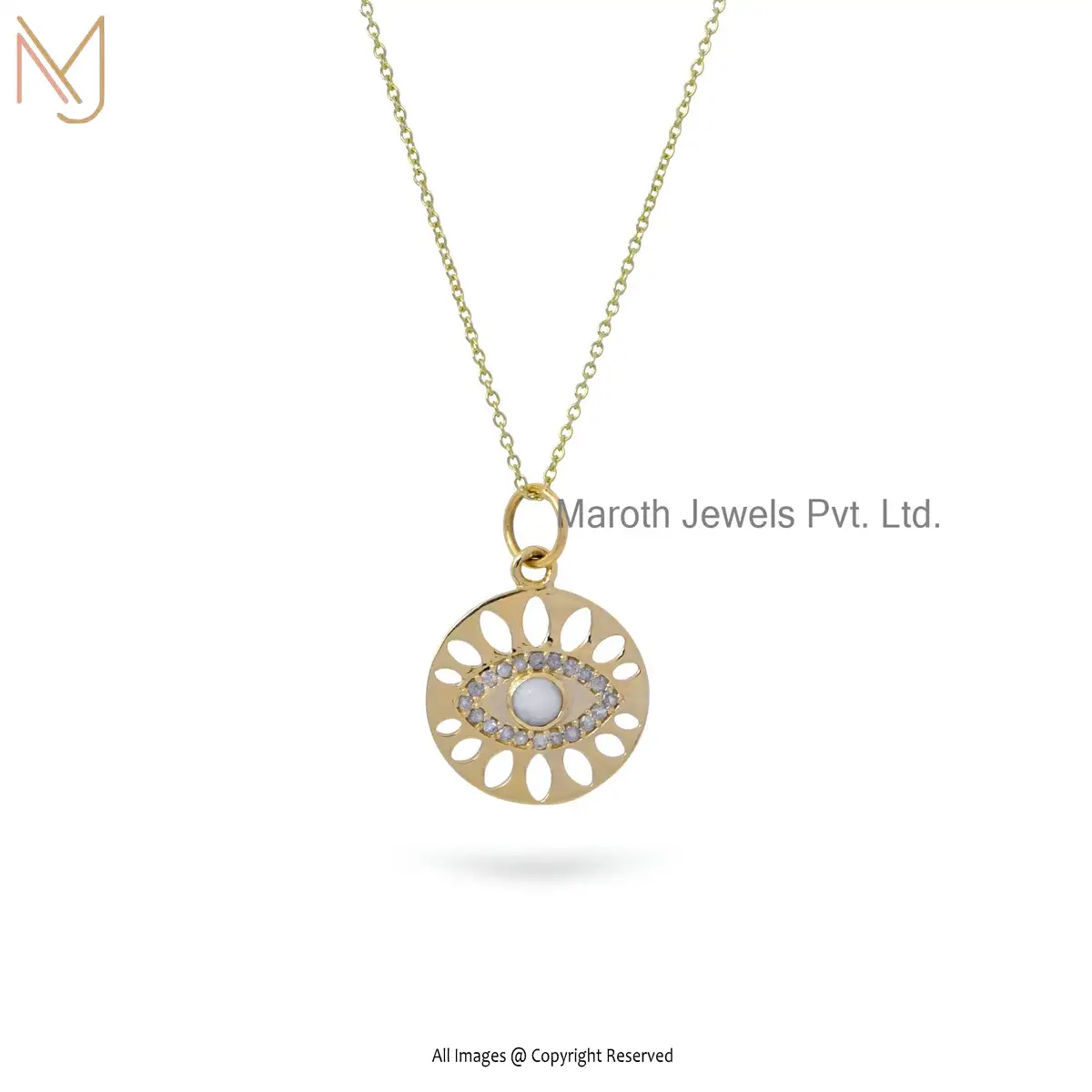 Private Label 14K Yellow Gold Diamond And Opal Gemstone Evil Eye Pendant Necklace