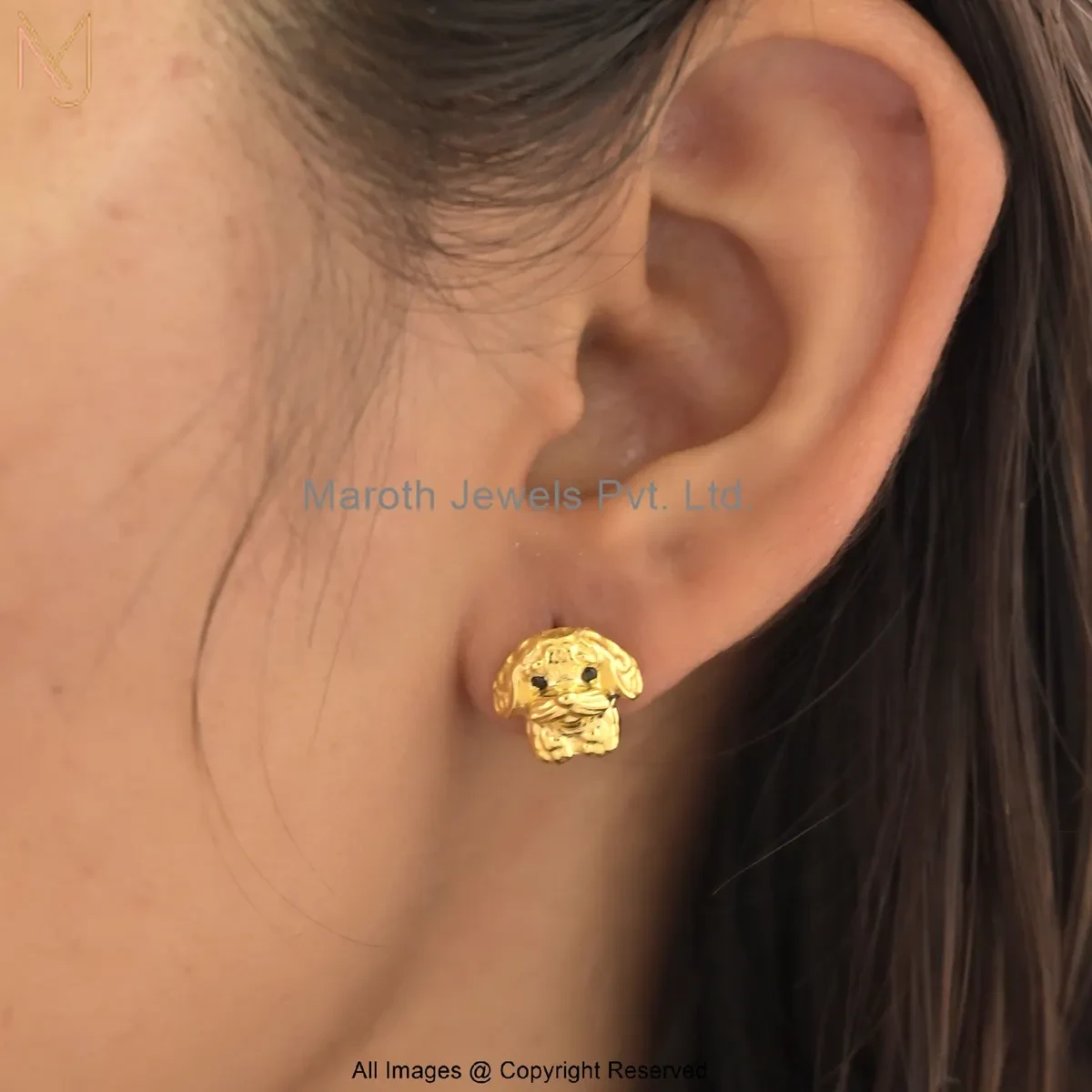 925 Silver Yellow Gold Plated Black Spinel Cute Puppy Stud Earring Custom Jewelry