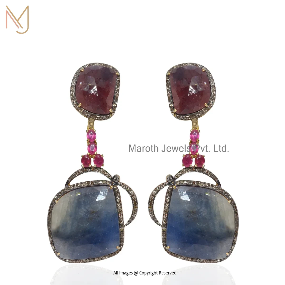 925 Silver Rhodium Yellow Gold Pated Pave Diamond , Pink Sapphire , Ruby , Blue Sapphire Gemstone Drop Earring USA