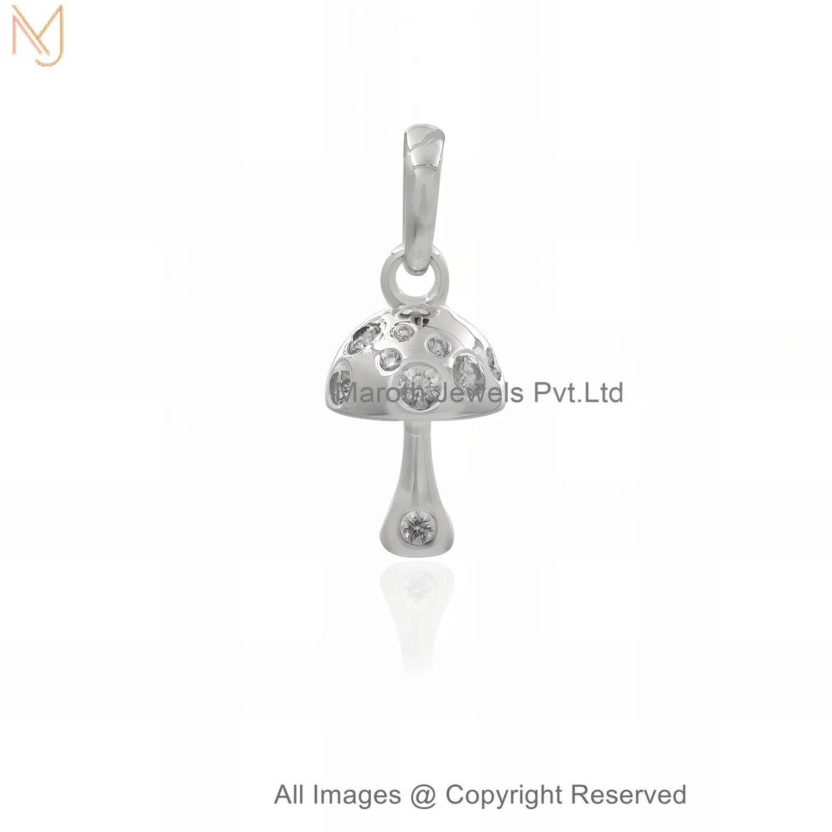 14K White Gold Diamond Mushroom Charm Pendant Custom Jewelry