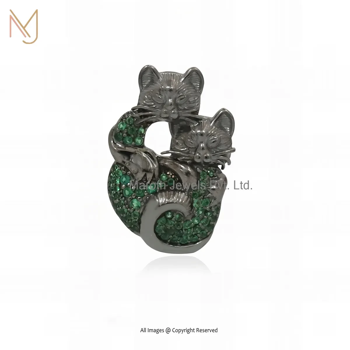 14K White Gold Emerald Couple Cats Pendant Jewelry Supplier