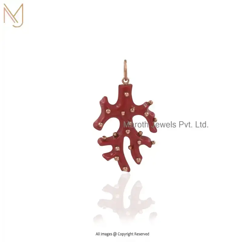 925 Silver Yellow Gold Plated Red Coral Branch Gemstone Pendant Custom Jewelry