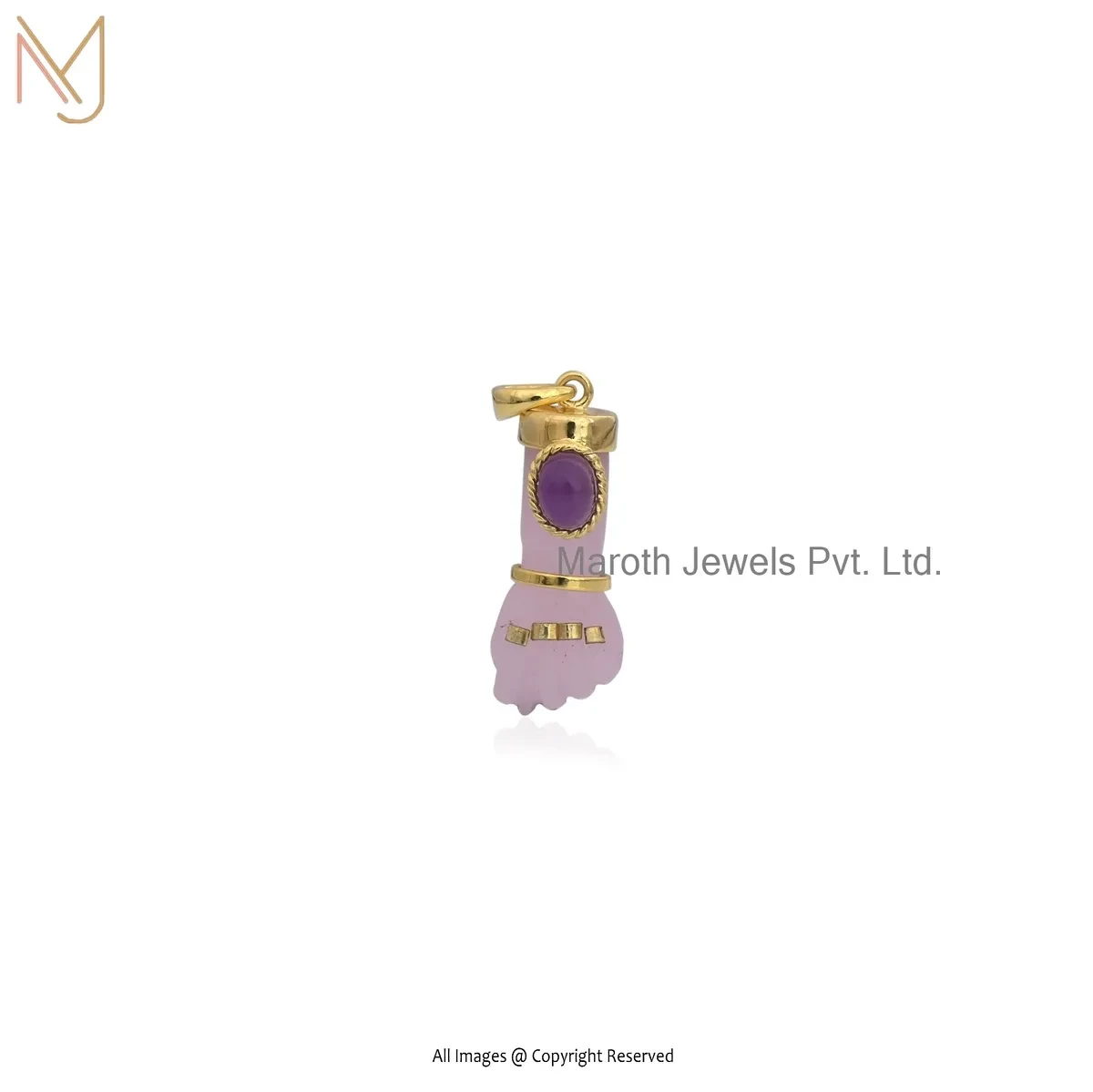 14K Yellow Gold Green Cubic Zircon & Lapiz Lazuli Gemstone Hand Charm Pendant USA