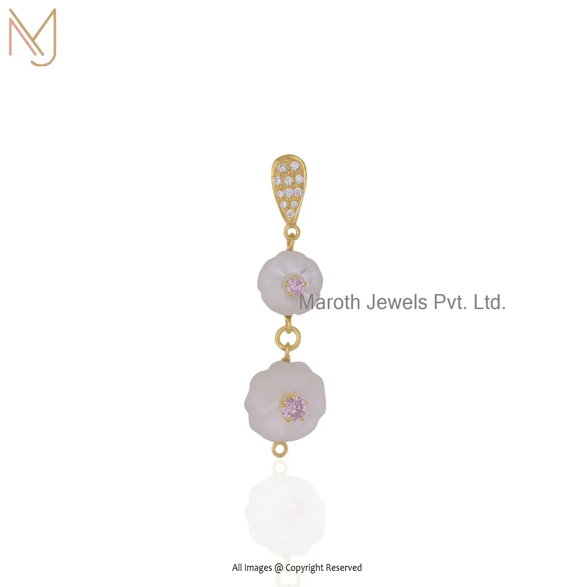 14K Yellow Gold Pink Cubic Zircon & Mother Of Pearl Flower Gemstone Pendant USA