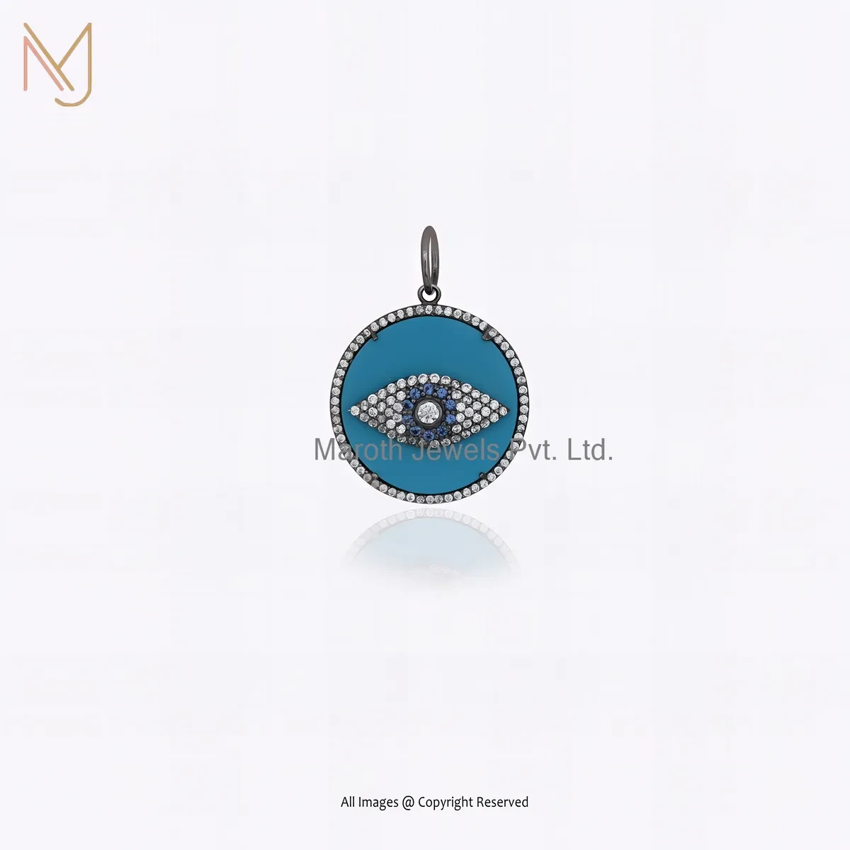 14K Yellow Gold Diamond , Turquoise , Cubic Zircon , Blue Sapphire Gemstone Evil Eye Disc Pendant USA
