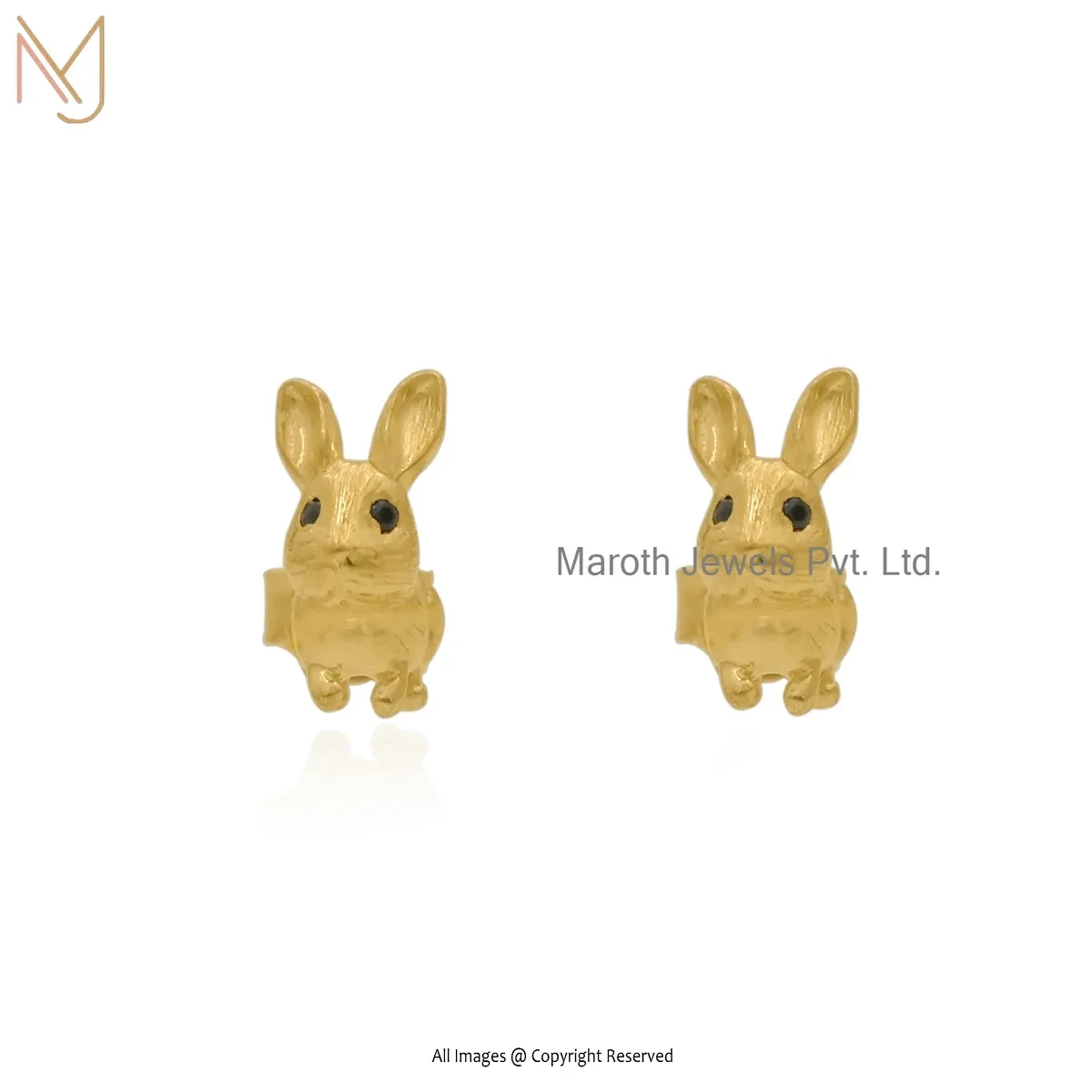 Private Lable 14K Yellow Gold Black Cubic Zircon Rabbit Stud Earring