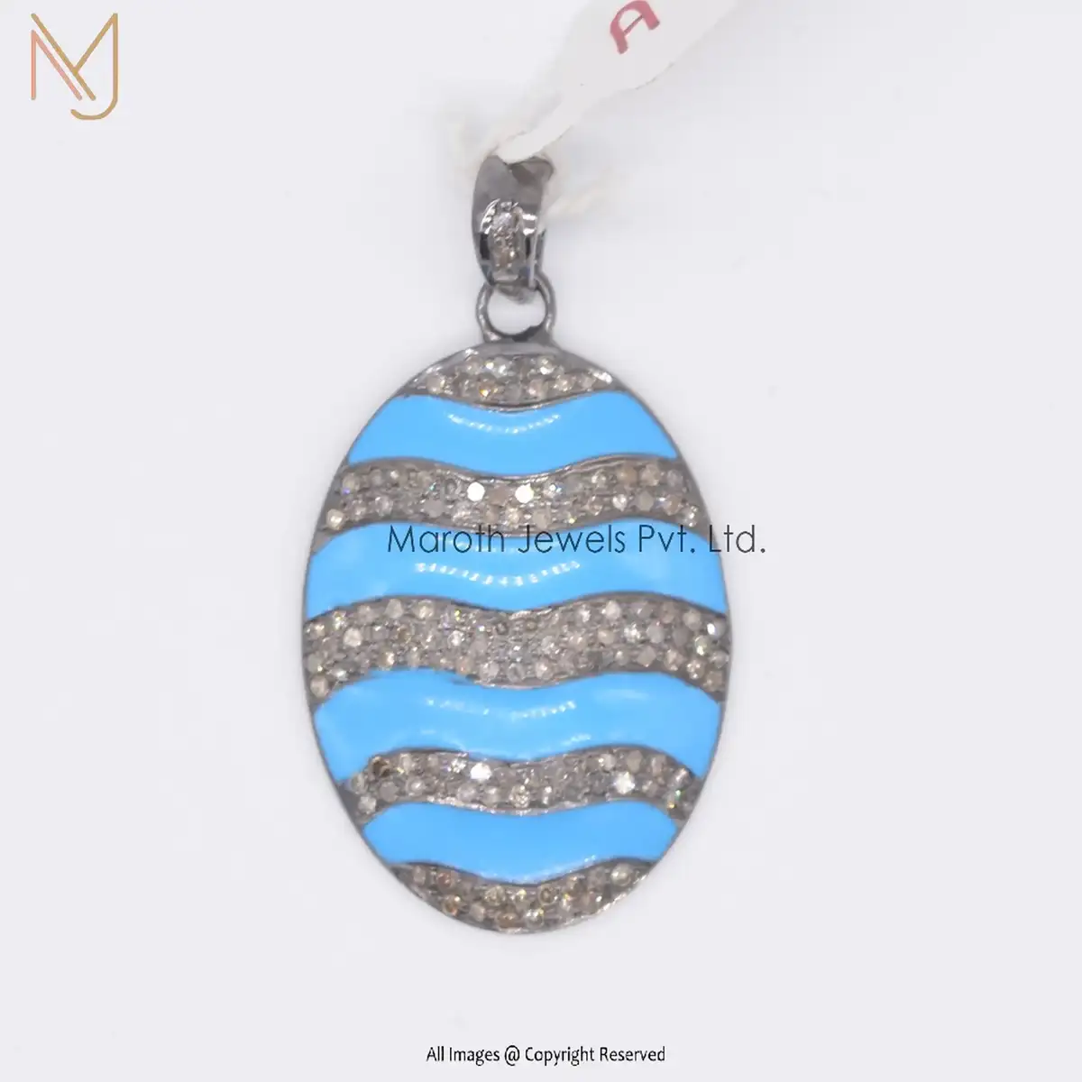 925 Silver Rhodium Plated Pave Diamond And Turquoise Enamel Pendant Custom Jewelry