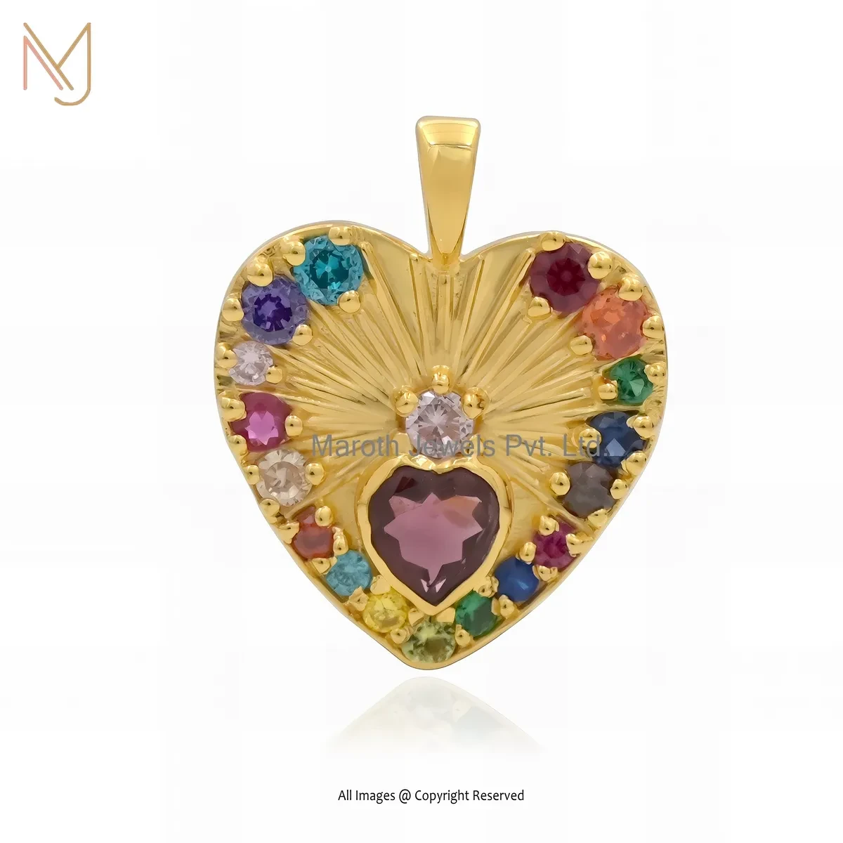 14K Yellow Gold Multi Gemstone Fluted Heart Pendant Manufacturer