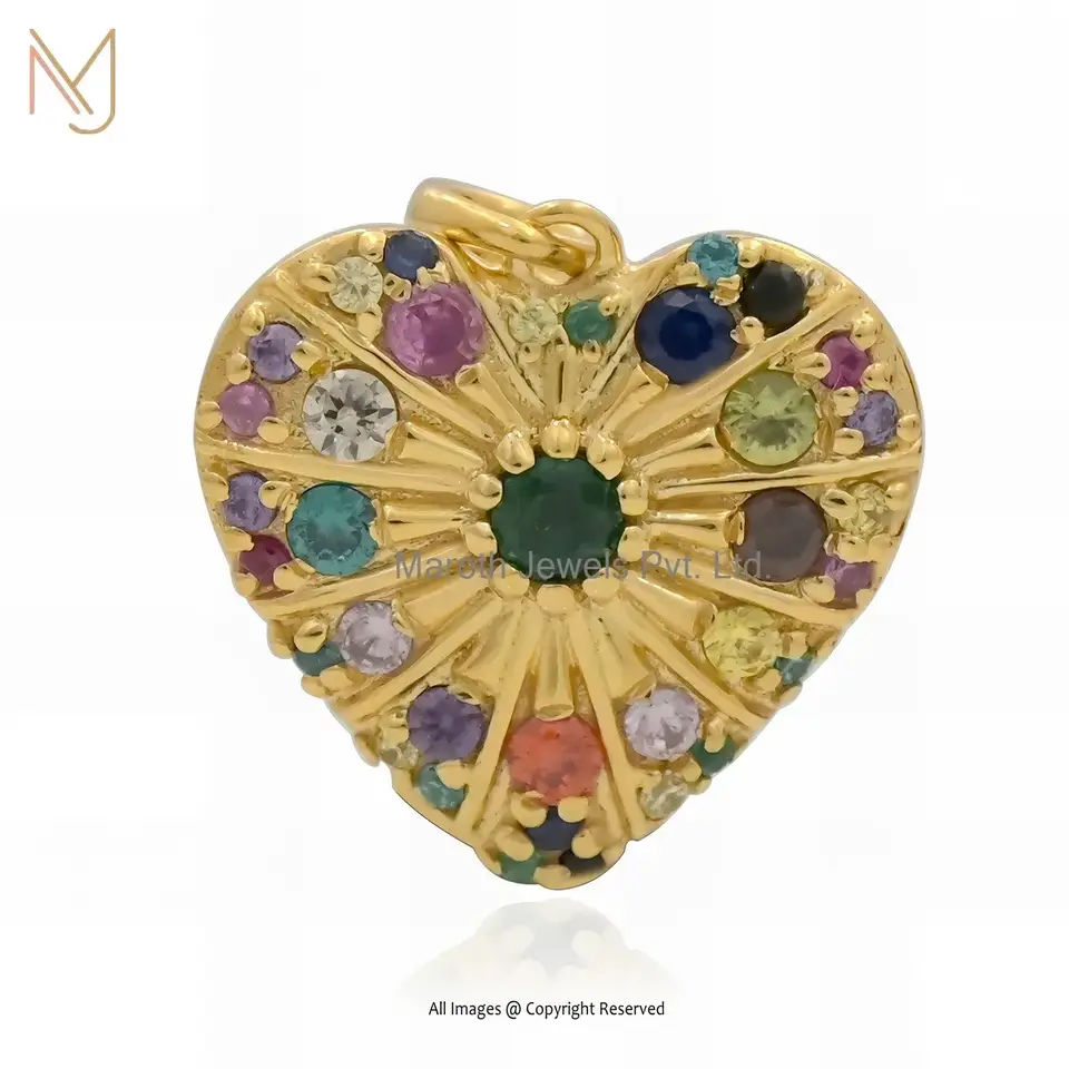 Wholesale 14K Yellow Gold Multi Gemstone Fluted Heart Pendant