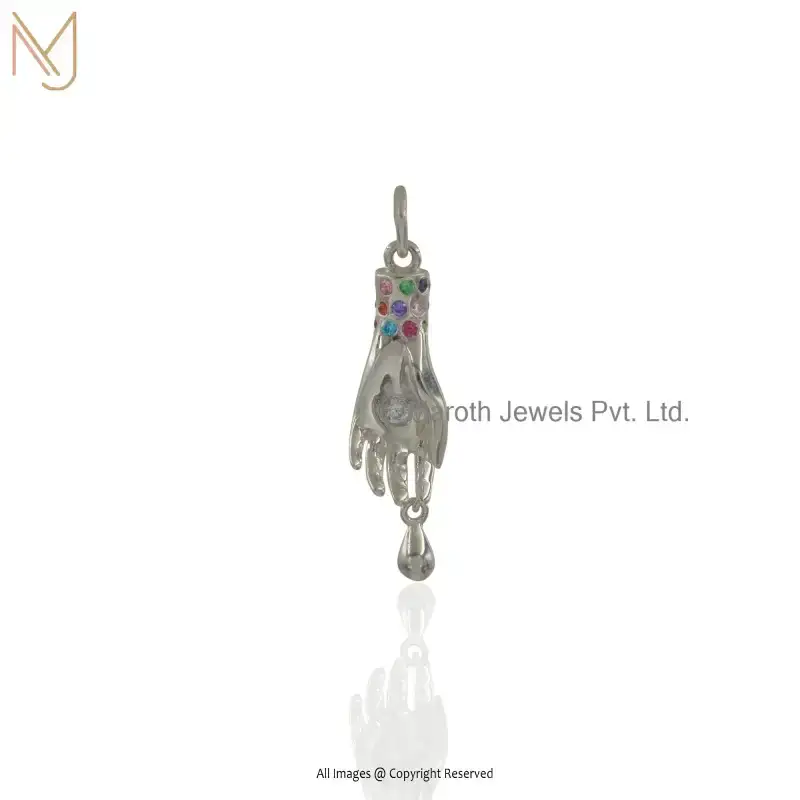 14K Yellow Gold Multi Gemstone Figa Hand Pendant Custom Jewelry