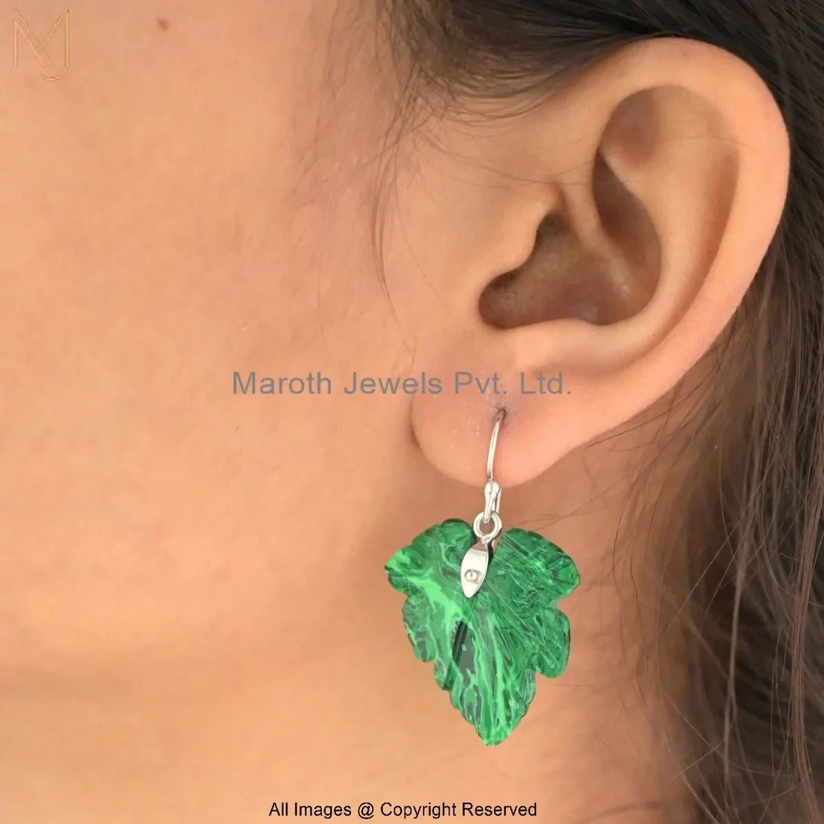 925 Silver Yellow Gold Plated Malachite Carved Leaf Drop Earring Jewelry Supplier