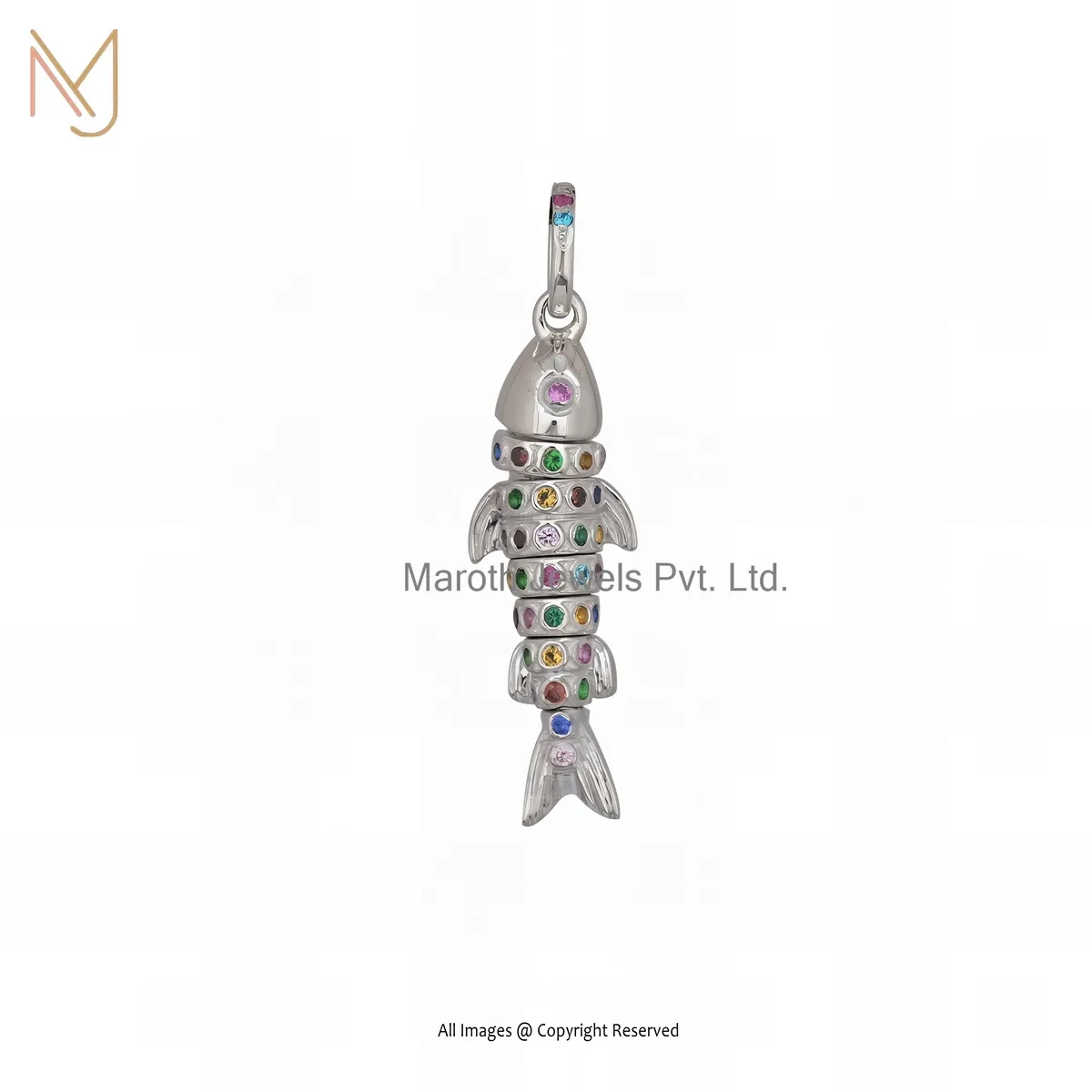 14K White Gold Multi Gemstone Moveable Fish Pendant Manufacturer