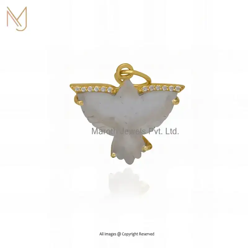 925 Silver Yellow Gold Plated Black Onyx & Moissanite Carved Bird Pendant Manufacturer