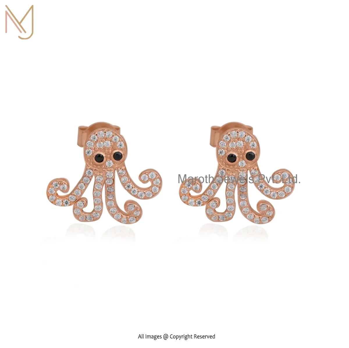 925 Silver Rose Gold Plated White CZ And Black Spinel Octopus Stud Earrings USA