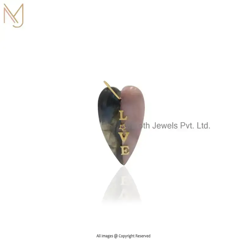 Private Lable 14K Yellow Gold Pink Opal & Labradorite & Pink CZ Letter Love Heart Pendant