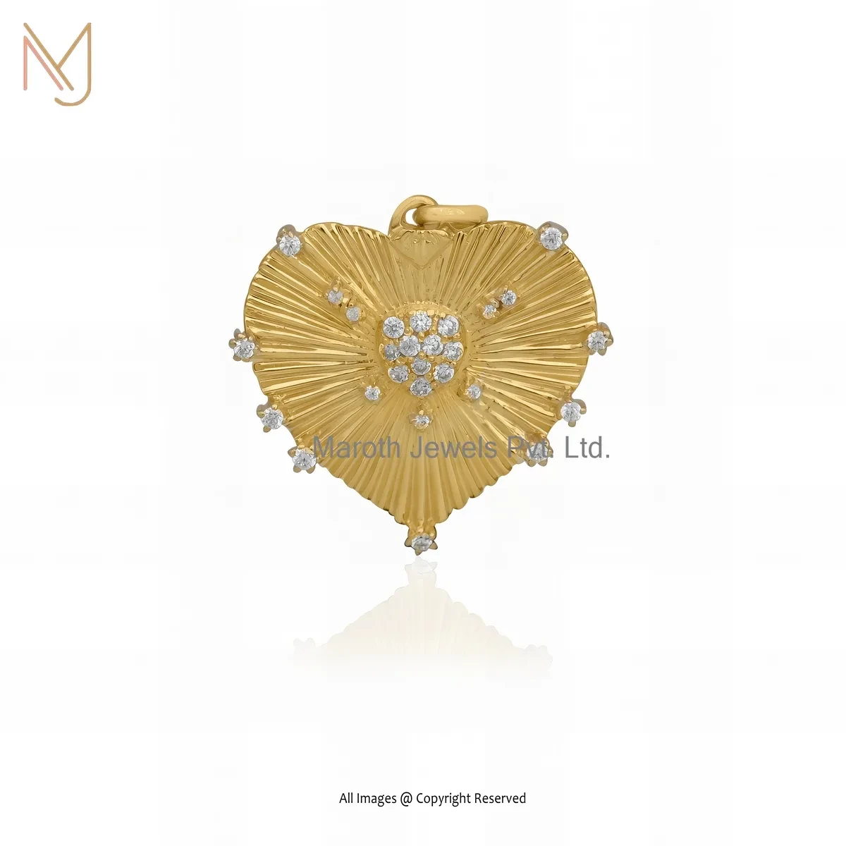 14K Yellow Gold Diamond And Cubic Zircon Fluted Heart Pendant Jewelry USA