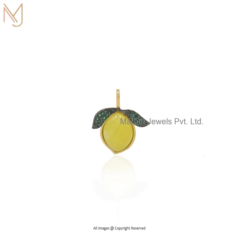14K Yellow Gold & Yellow Opal & Green Cubic Zircon Gemstone Lemon Pendant USA