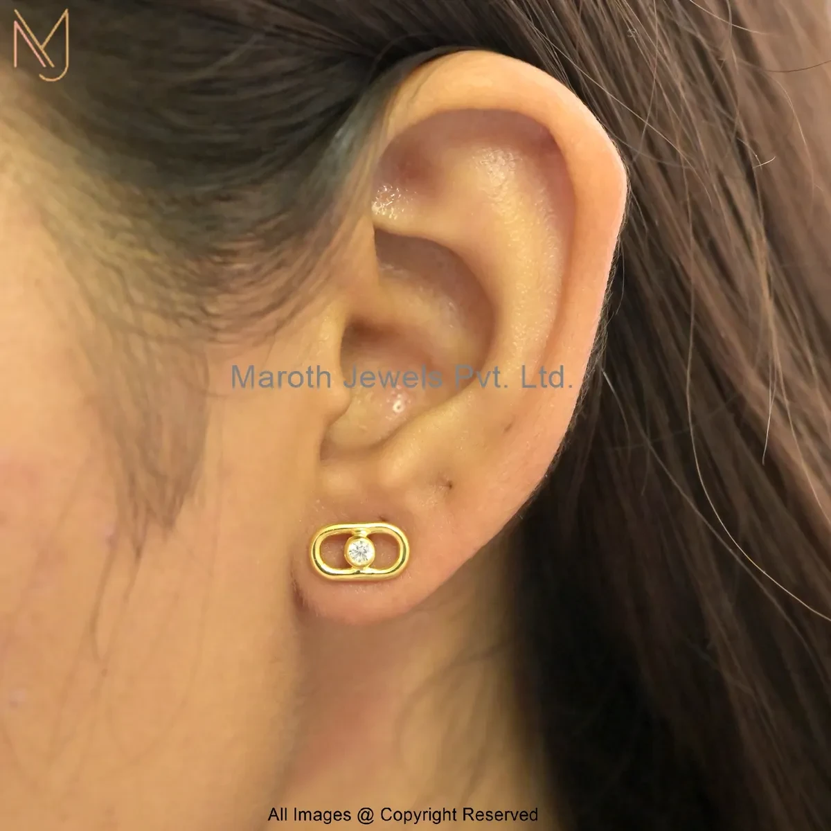 14K Yellow Gold Carabiner Diamond Stud Earring Custom Jewelry