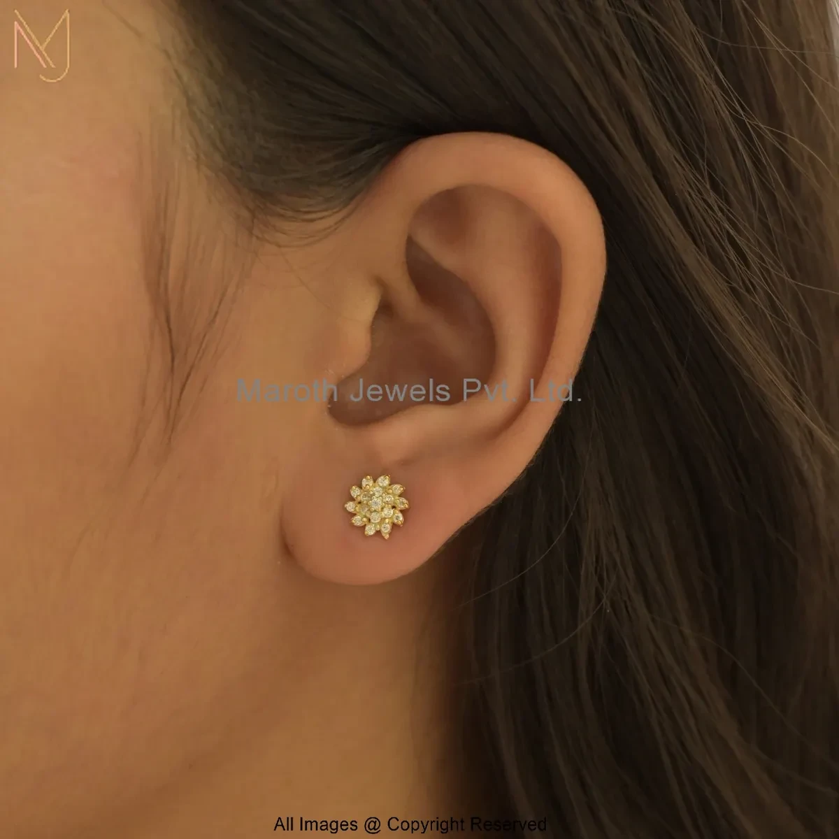 925 Silver Yellow Gold Plated Cubic Zircon Flower Stud Earring Custom Jewelry