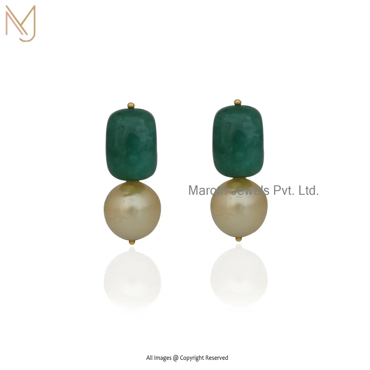 Wholesale 925 Sterling Silver Yellow Gold Plated Malachite & Pearl Drop Earring