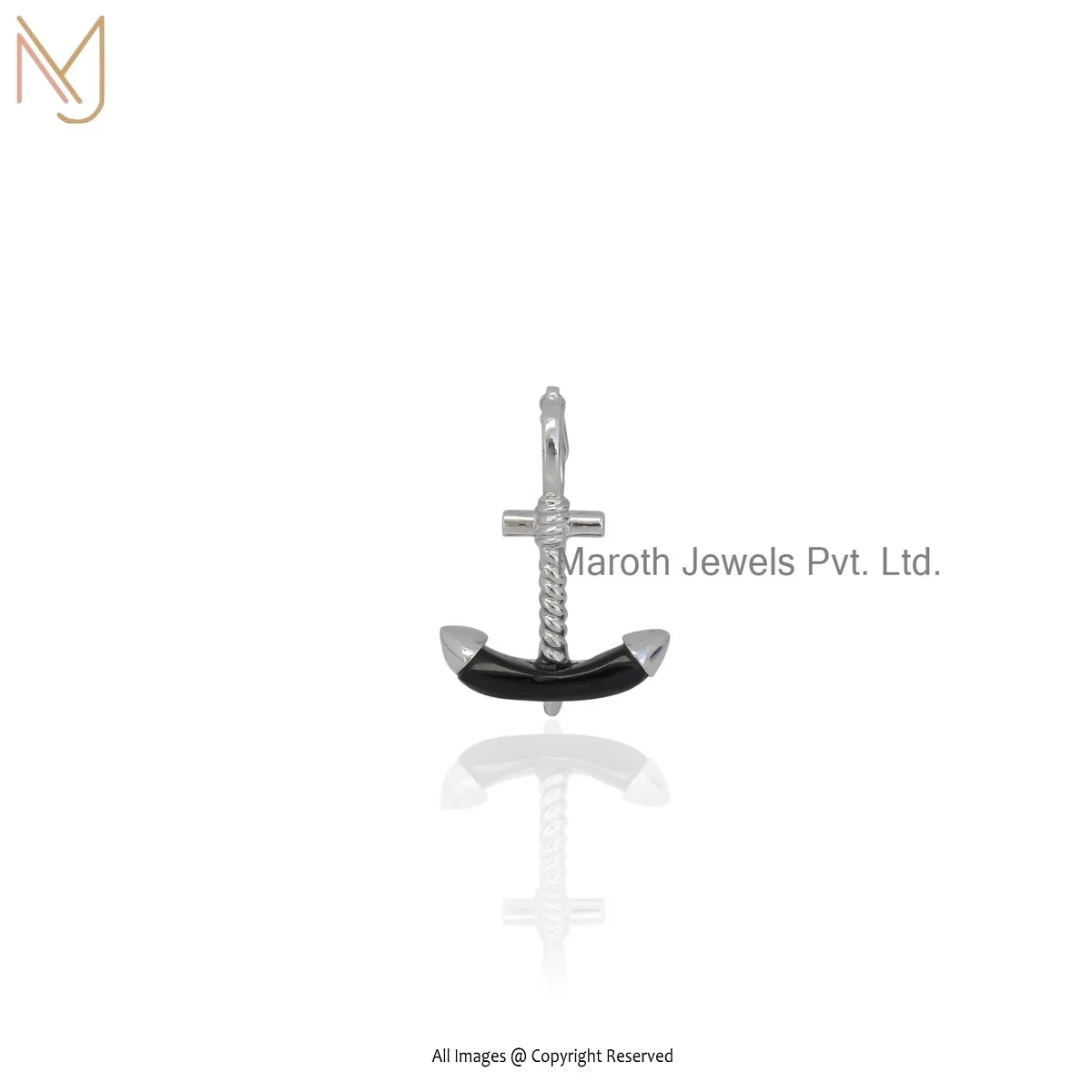 14K White Gold Black Onyx Gemstone Anchor Pendant Jewelry Supplier