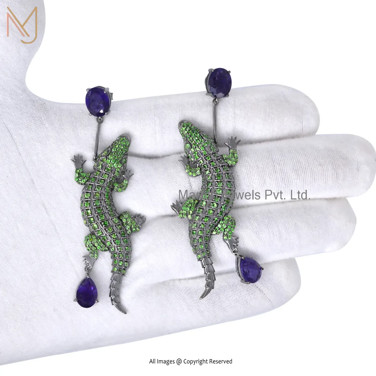 925 Silver Rhodium Plated Diamond , Tsavorite , Amethyst , Crocodile Drop Earring Custom Jewelry