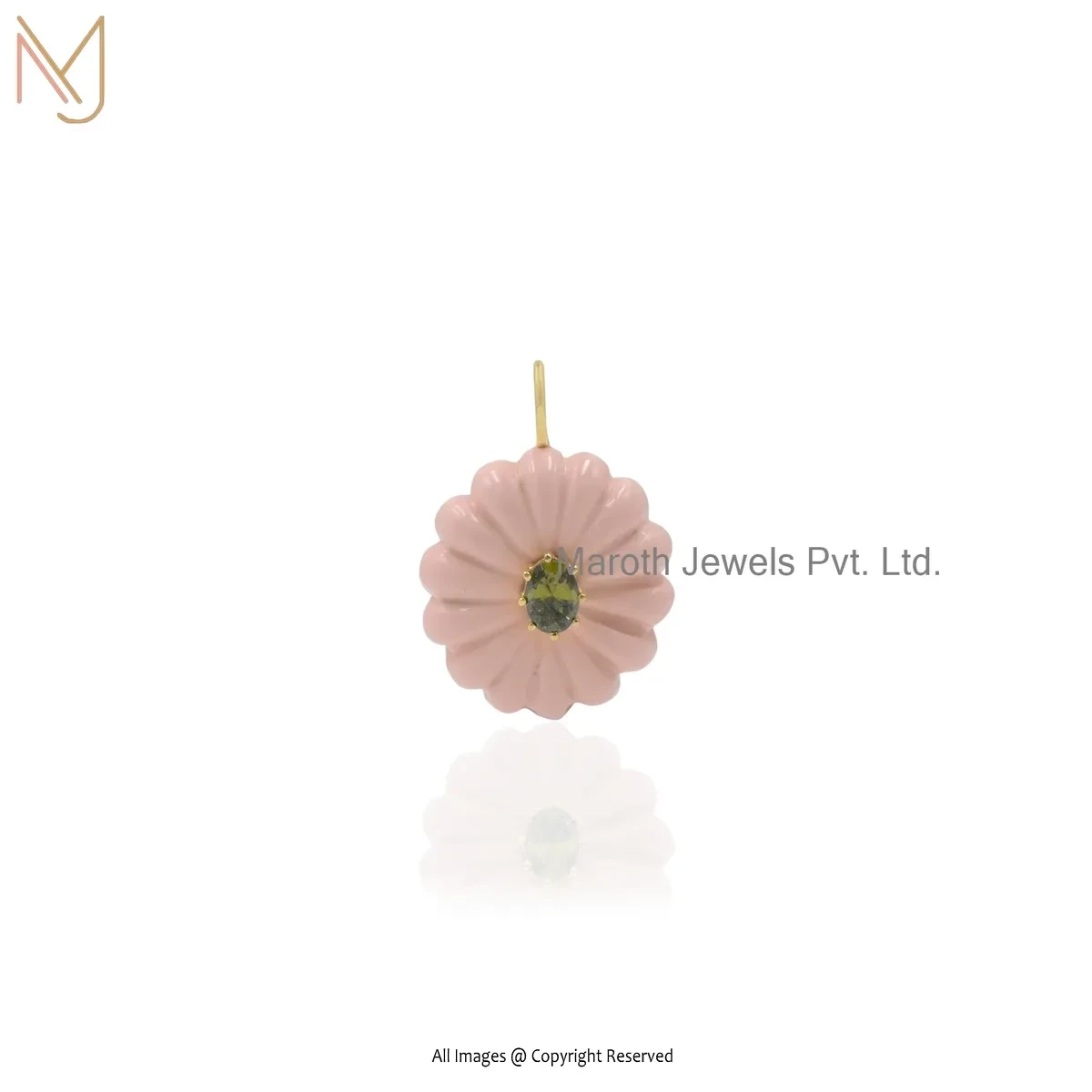 14K Yellow Gold Cubic Zircon & Pink Opal Peridot Flower Pendant Custom Jewelry