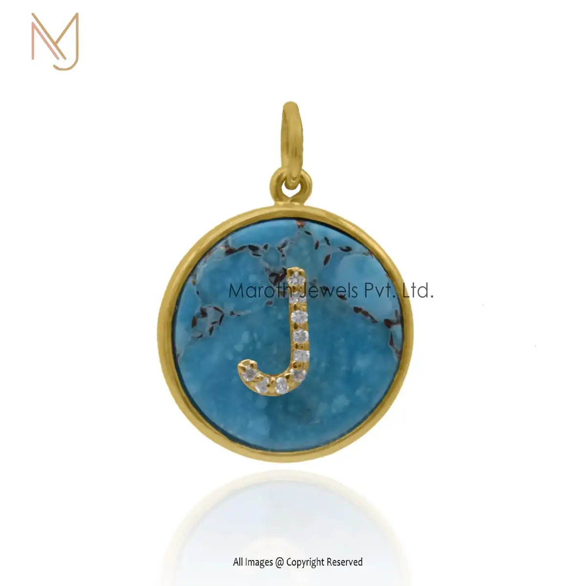 925 Silver Yellow Gold Plated Pave Diamond J Initial Turquoise Gemstone Monogram Pendant USA