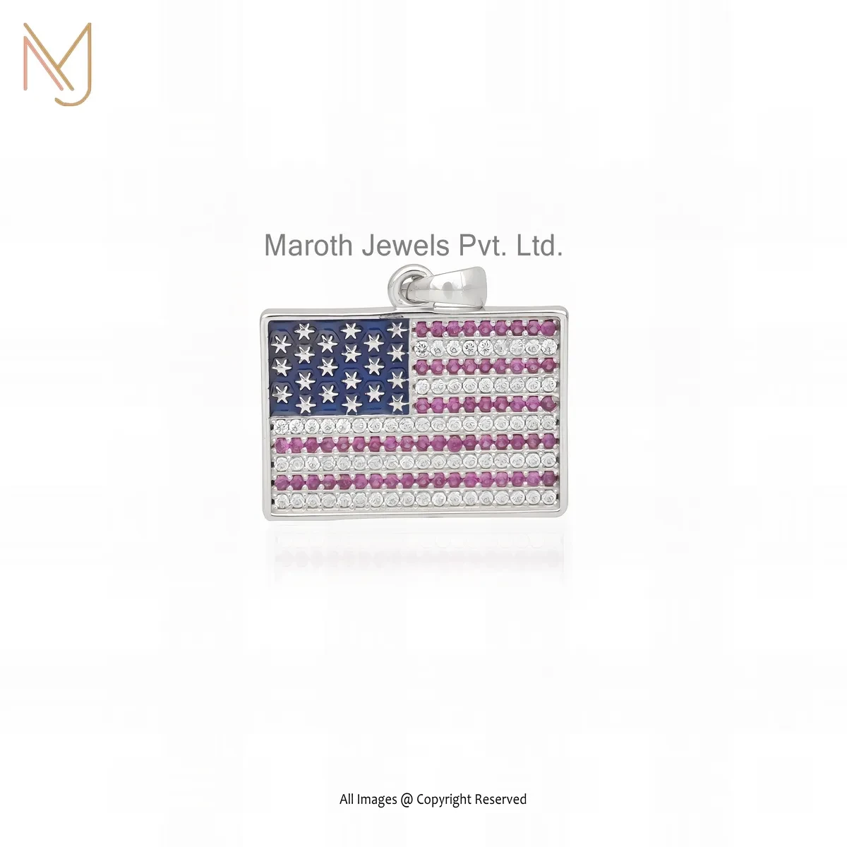 925 Silver Natural Silver Plated Cubic Zircon & Enamel USA Flag Pendant Custom Jewelry