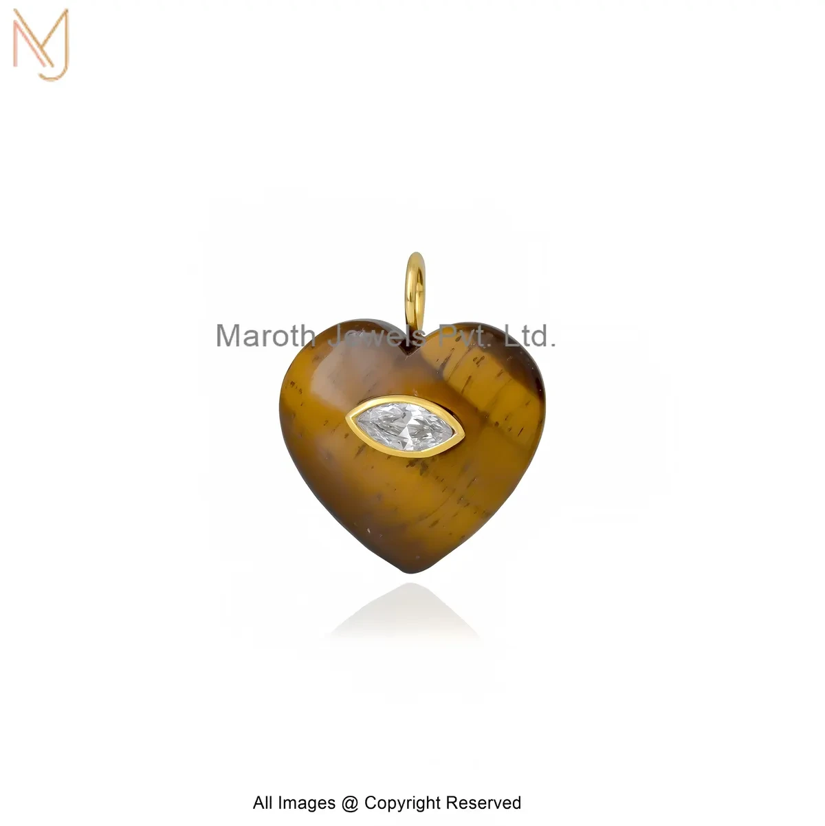 14K Yellow Gold White Topaz Tiger Eye Heart Pendant Jewelry Supplier