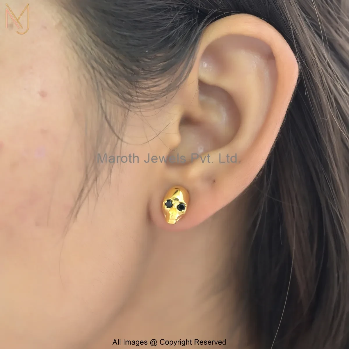 925 Silver Yellow Gold Plated Black Cubic Zircon Skull Stud Earring Manufacturer