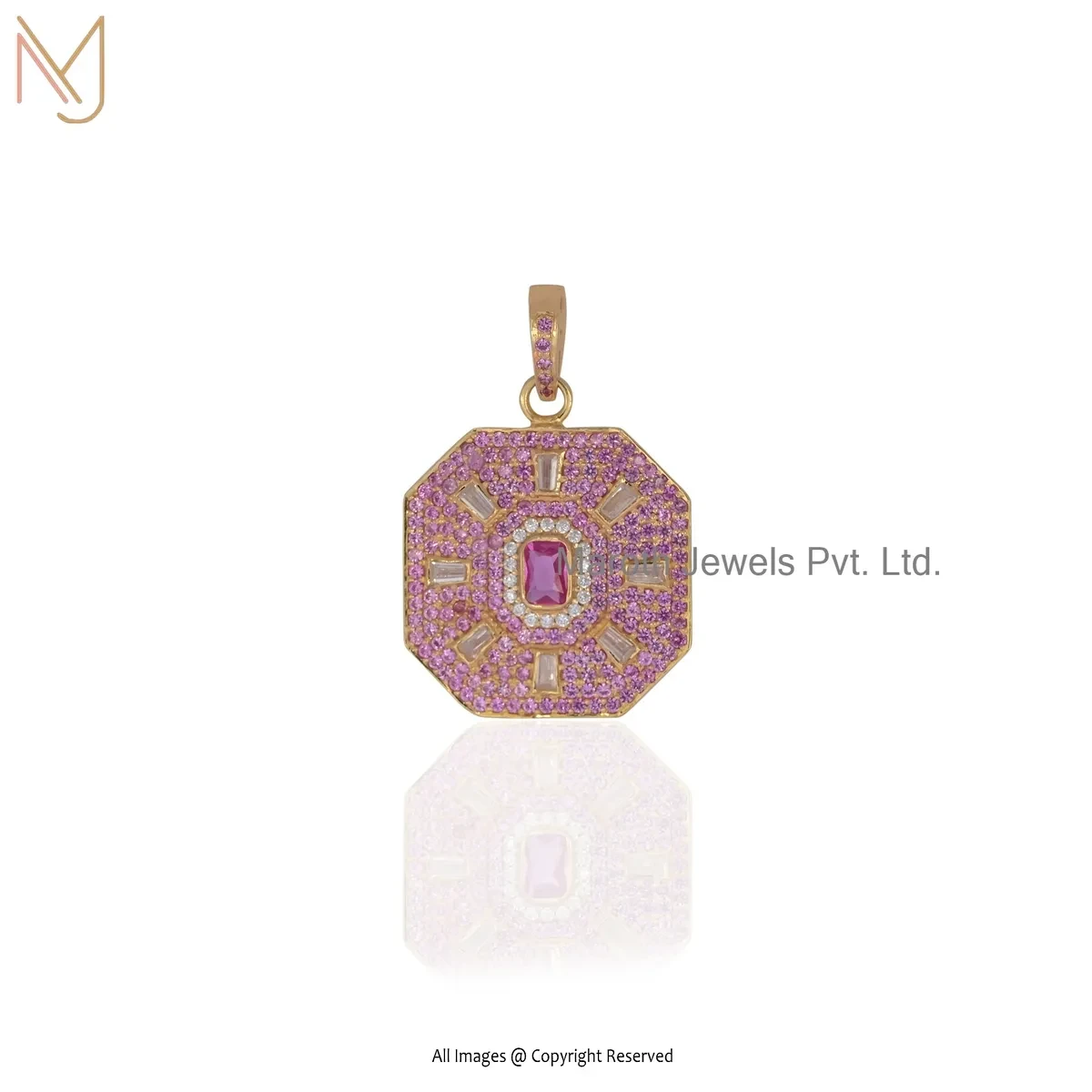 Private Lable 925 Silver Yellow Gold Plated Pink Sapphire & Cubic Zircon Baguette Pendant