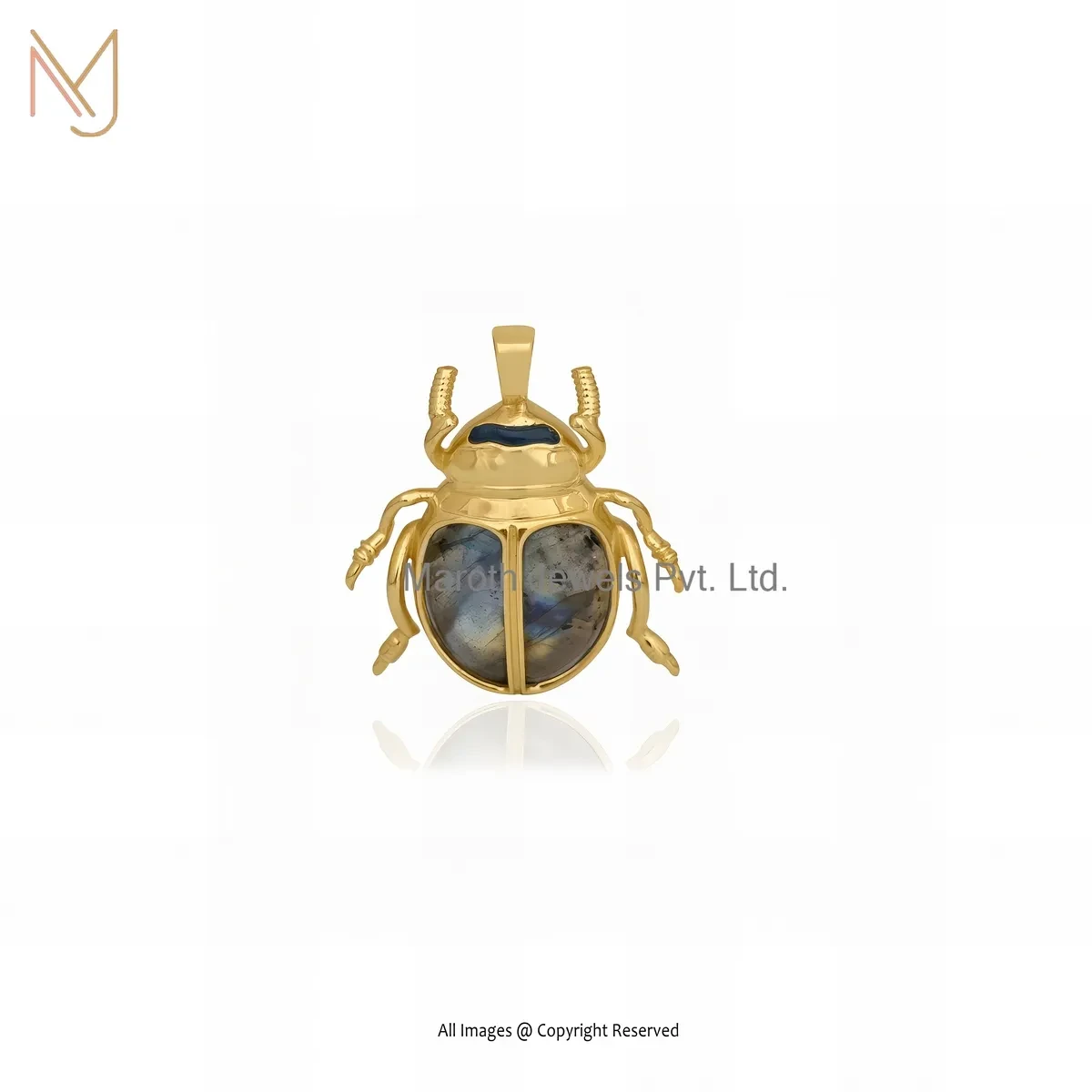 14K Yellow Gold Labradorite Gemstone Scarab Pendant Custom Jewelry
