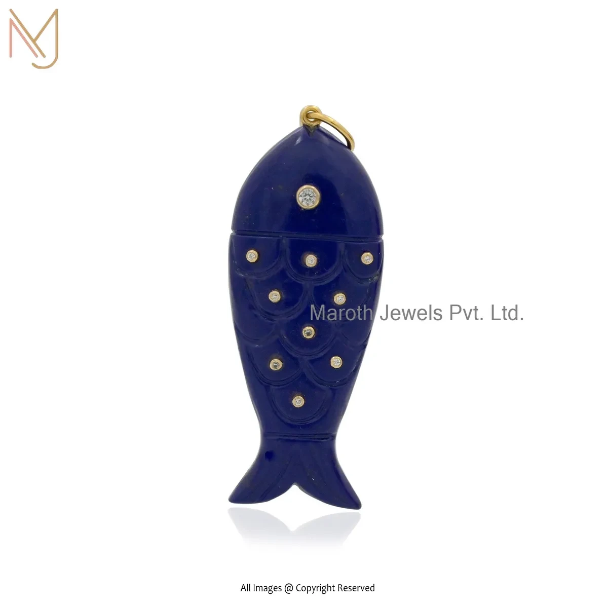 14K Yellow Gold Lapiz Lazuli And White Cubic Zircon Fish Pendant USA