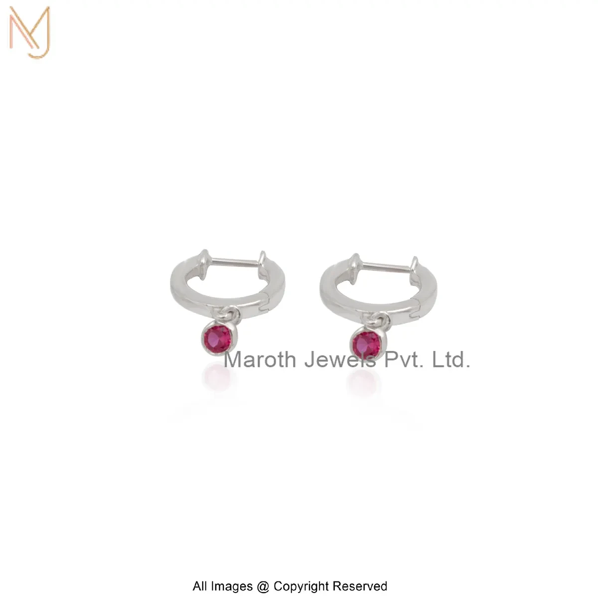 Private Lable 925 Silver White Gold Plated Diamond Pink Sapphire Gemstone Hoop Huggie Earring